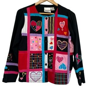 Vtg Michael Simon Light Black Cotton Cardigan Hearts Patchwork Embroidery Small